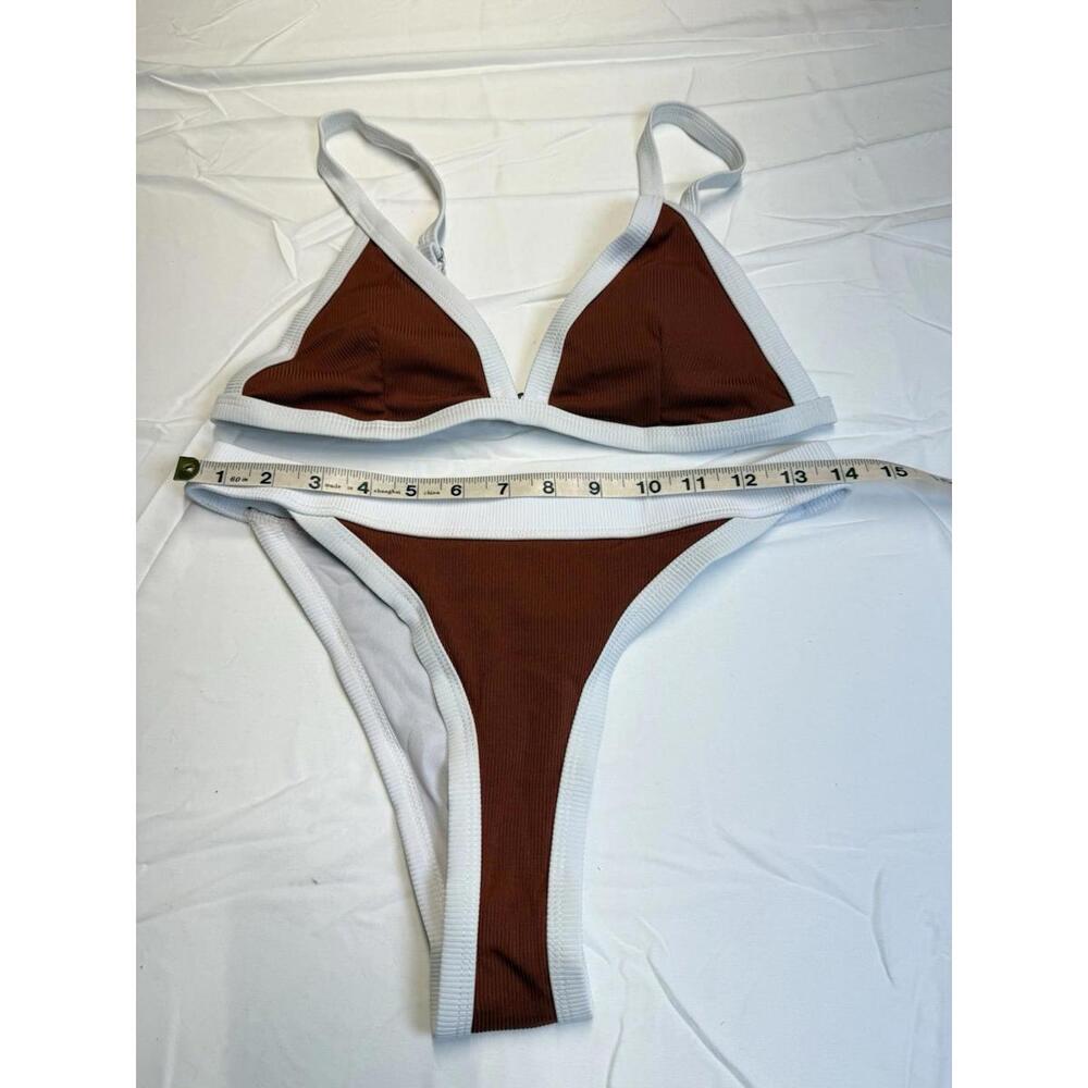NWOT Brown & White Contrast Binding Triangle Bikini Swimsuit Standout Summer - Picture 6 of 6